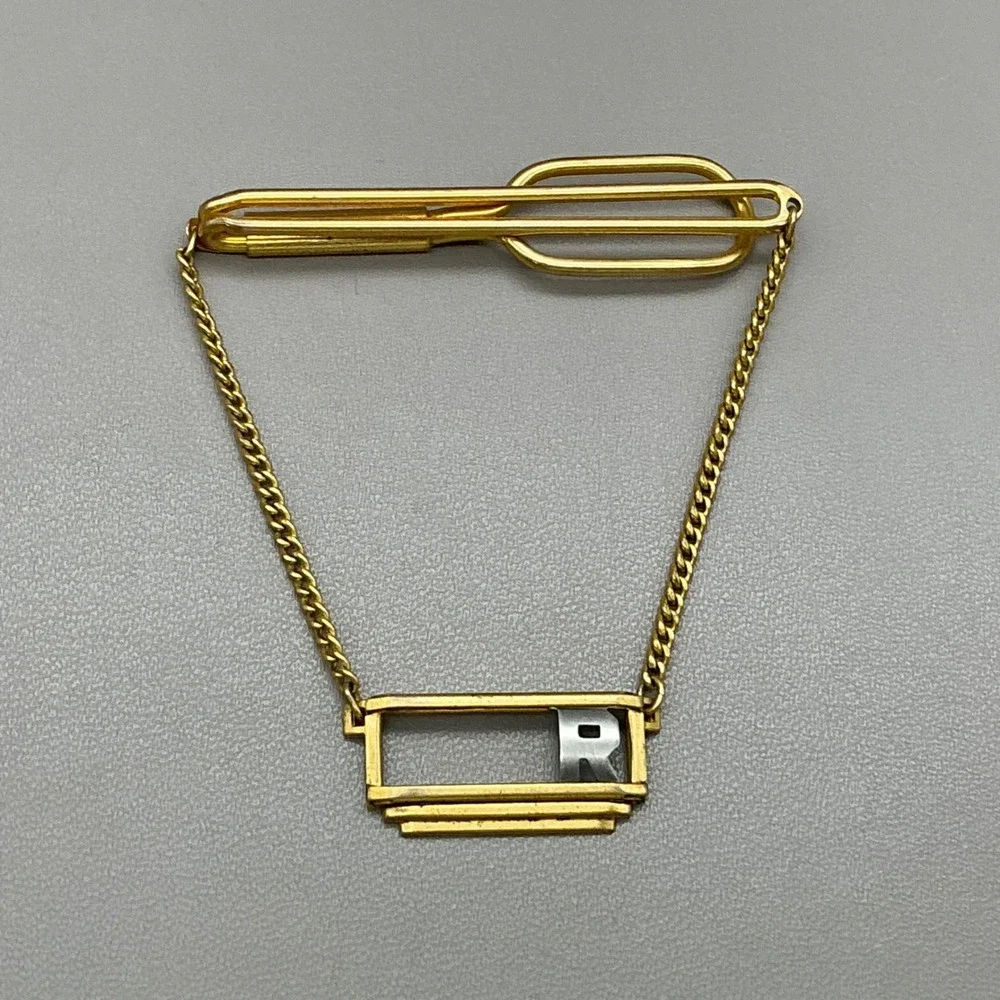 Swank Tie Clip Vintage Gold Tone Initial R Letter Charm Safety Chain Tie Bar